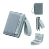 A light gray women's zip-around wallet with card slots and a coin pocket shown in various views.