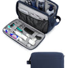 A navy blue large capacity multifunction cosmetic toiletry bag open to show various grooming tools and bottles.