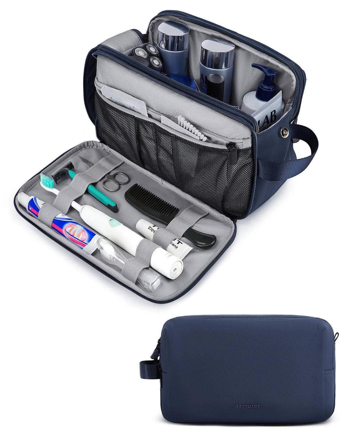 A navy blue large capacity multifunction cosmetic toiletry bag open to show various grooming tools and bottles.