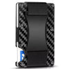 A black slim metal RFID protection card holder wallet with a textured pattern and a black strap.