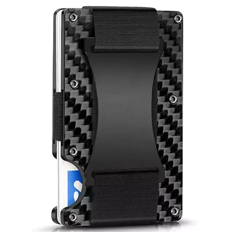 A black slim metal RFID protection card holder wallet with a textured pattern and a black strap.