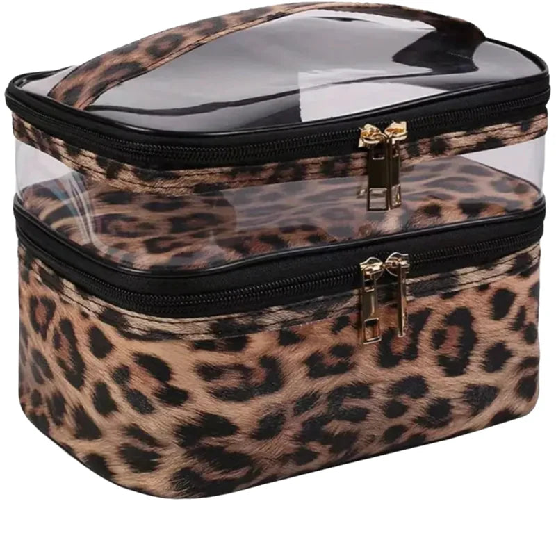 A clear plastic makeup bag with a leopard print exterior and black lining, featuring gold clasps.