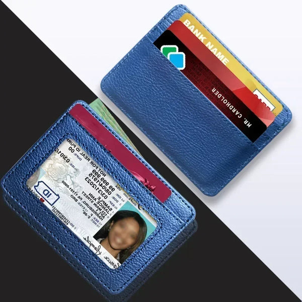 A blue slim PU leather mini wallet holding cards and an ID card.