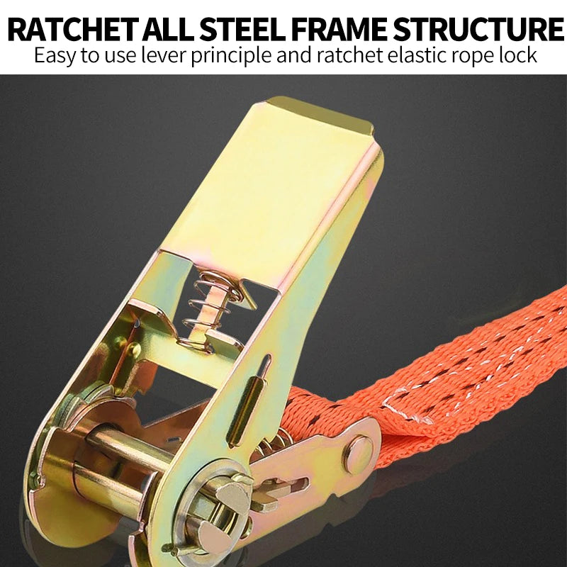 A close-up view of a brass ratchet strap connector and elastic rope lock used for securing cargo.