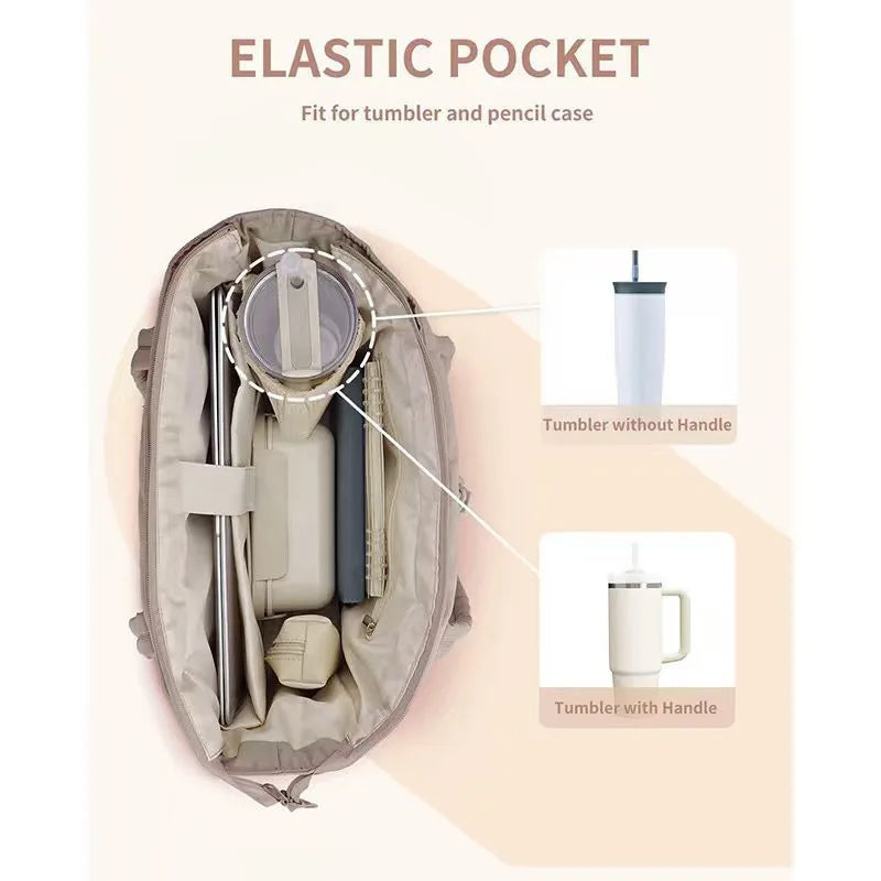 A beige quilted pocket bag designed to fit tumbler and pencil cases.