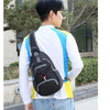 A person wearing a white shirt and jeans is shown from the back, carrying a black nylon chest sling bag with blue and yellow 