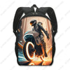A black backpack featuring a graphic of a motorcycle rider in racing gear.
