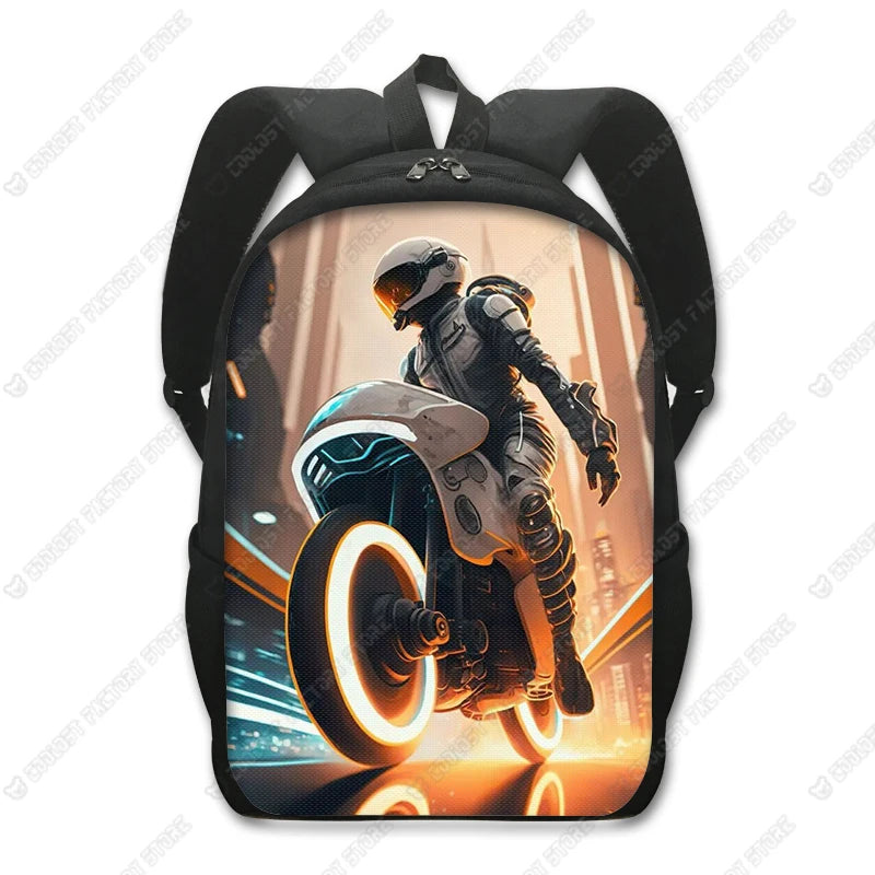 A black backpack featuring a graphic of a motorcycle rider in racing gear.