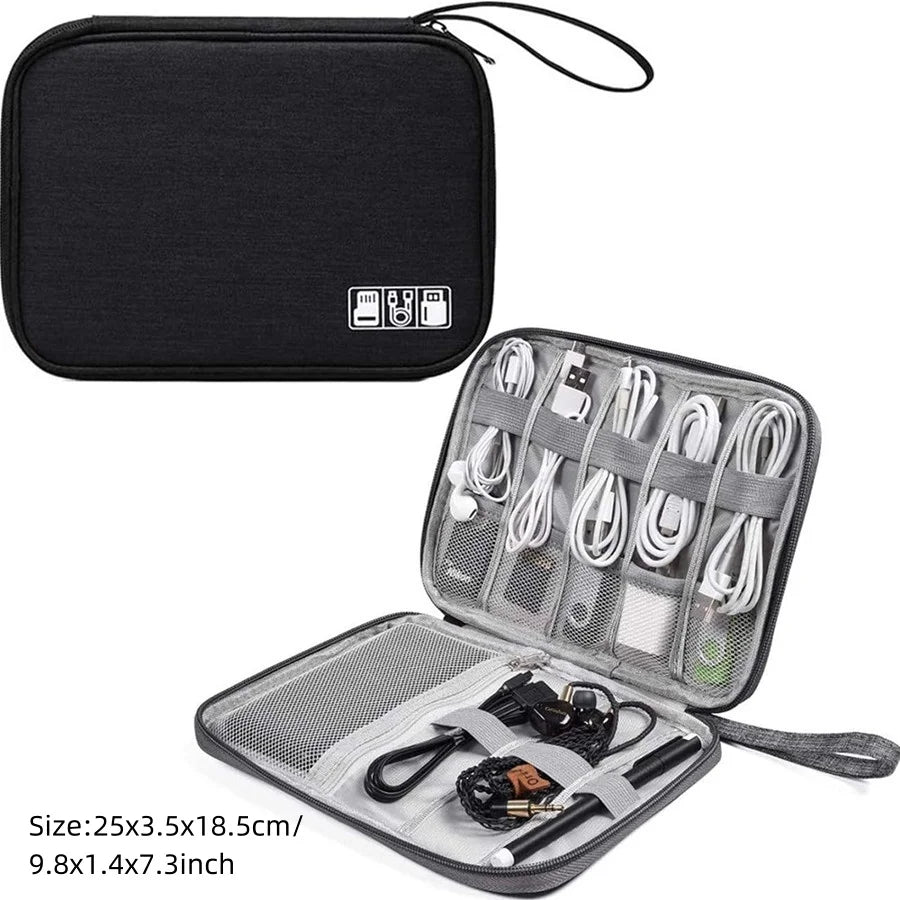 Black portable digital organizer storage pouch with a clear zippered case and an open compartment for wires and accessories
