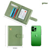 A green slim PU leather RFID blocking passport and ID wallet shown next to an iPhone.