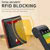 A black wallet with a yellow accent shows an ID window, demonstrating RFID blocking security.