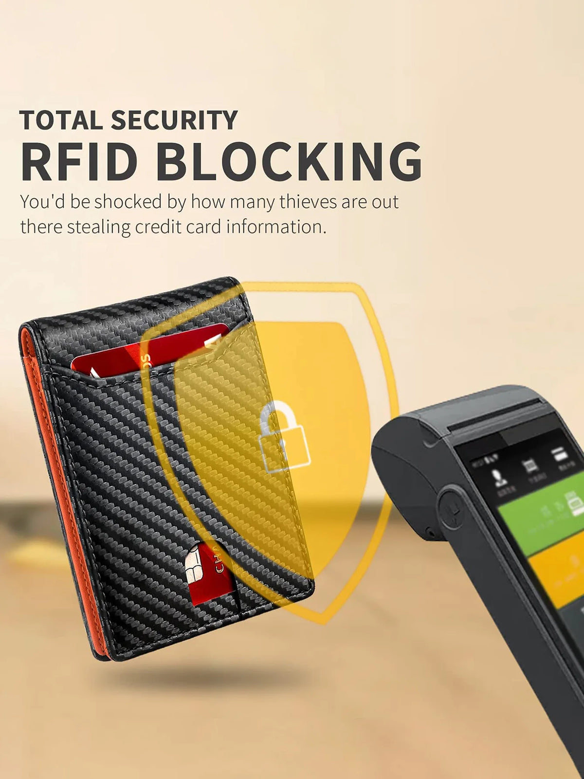A black wallet with a yellow accent shows an ID window, demonstrating RFID blocking security.