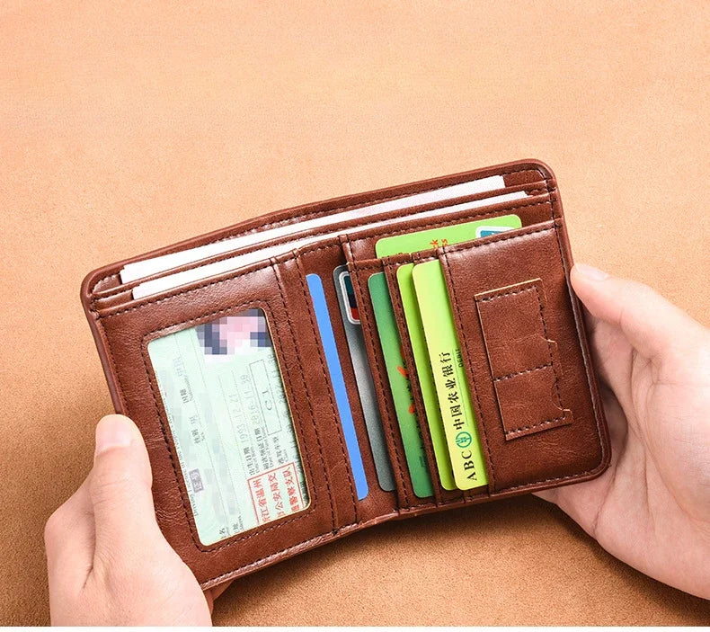 A brown PU leather men's wallet is shown being held, displaying several cards.