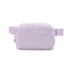 A light purple ivory fleece crossbody belt bag with a soft, fluffy texture.