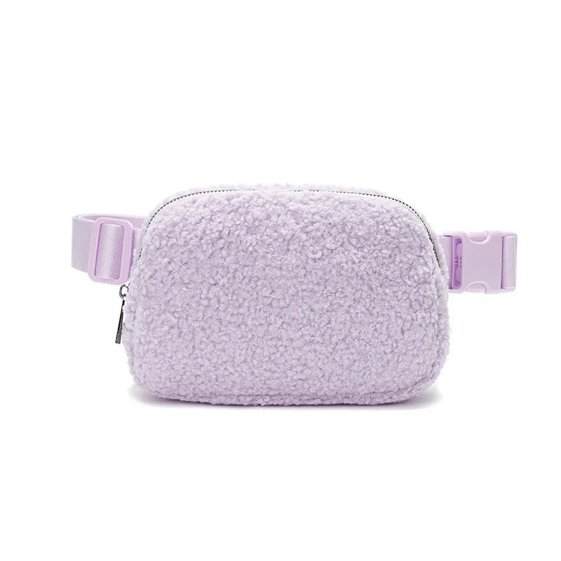 A light purple ivory fleece crossbody belt bag with a soft, fluffy texture.