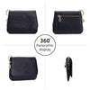 Black genuine leather RFID blocking women's wallet shown in multiple views and a 360 degree display.