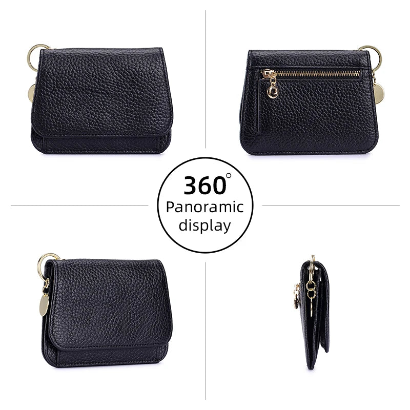 Black genuine leather RFID blocking women's wallet shown in multiple views and a 360 degree display.