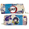 A blue and white patterned PU leather pencil case featuring a Demon Slayer theme with Japanese text.