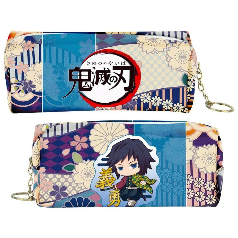 A blue and white patterned PU leather pencil case featuring a Demon Slayer theme with Japanese text.