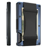 A slim metal card holder wallet with a black strap, shown in a vertical and horizontal view.
