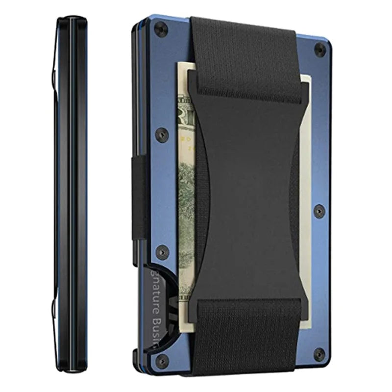 A slim metal card holder wallet with a black strap, shown in a vertical and horizontal view.