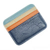 A slim card holder wallet made of genuine leather featuring horizontal stripes in blue, beige, and orange tones.