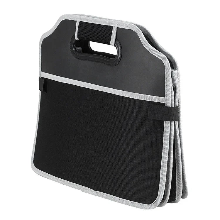 Black and gray multi-pocket car trunk organizer with a foldable design