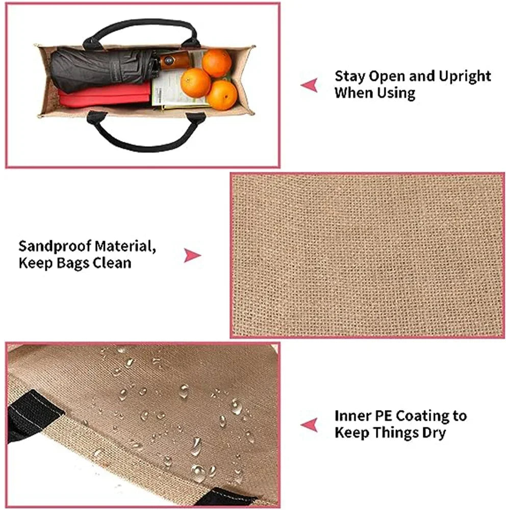 Set von Vintage-Jute-Burlap-Totebeuteln mit offenen, aufrechten, wasserdichten Material und Innenbeschichtung