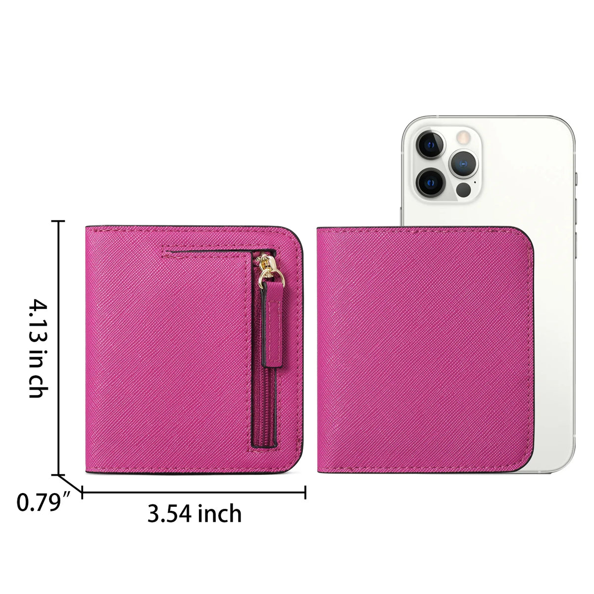 A pink compact bi-fold leather wallet with a zipper and a white smartphone is shown.