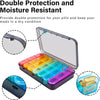 A purple weekly pill organizer with multiple compartments is shown alongside a clear protective case.