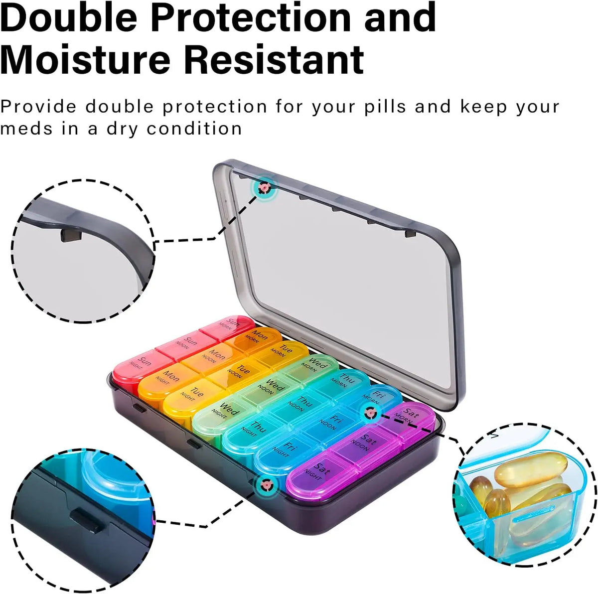 A purple weekly pill organizer with multiple compartments is shown alongside a clear protective case.