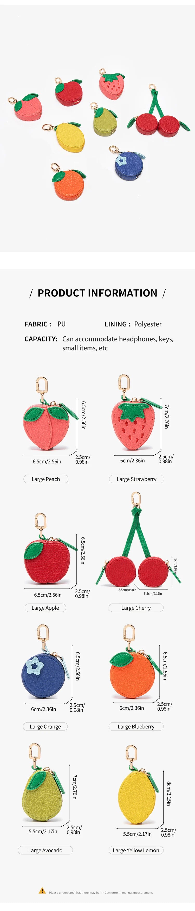 A collection of colorful fruit-themed coin purse keychains featuring various fruits like peach, strawberry, and cherry.
