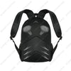 Black unisex racing style backpack designed for travel and school.