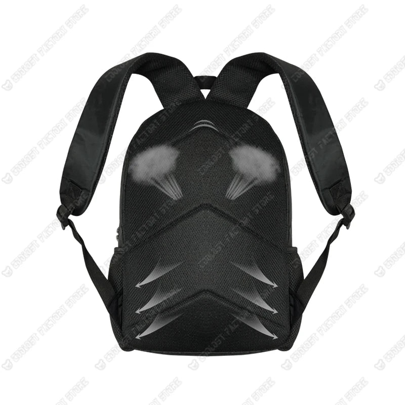 Black unisex racing style backpack designed for travel and school.