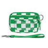 A green and white checkered zippered wallet with a clear window and a silver keychain strap.