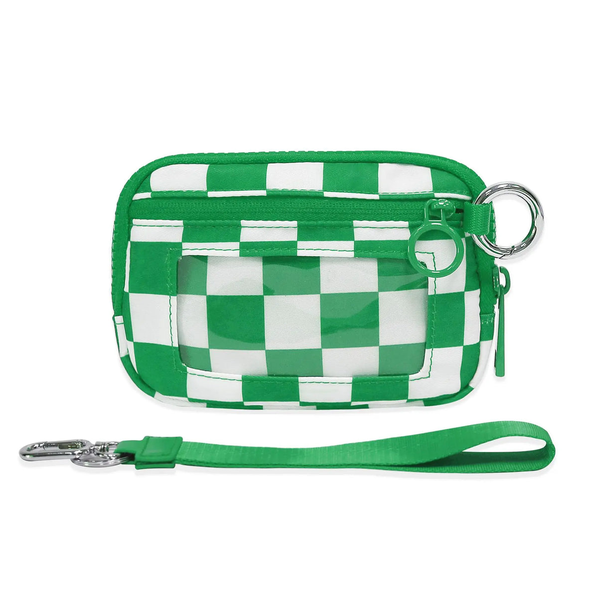 A green and white checkered zippered wallet with a clear window and a silver keychain strap.