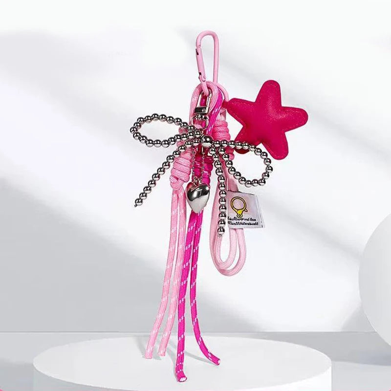 Pink bowknot star keychain charm with silver chain and heart pendant