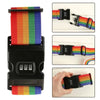 A black adjustable luggage strap featuring a rainbow pattern and a combination lock.