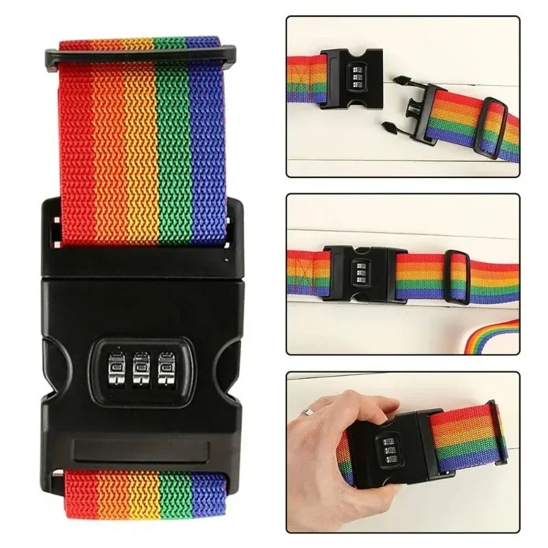 A black adjustable luggage strap featuring a rainbow pattern and a combination lock.
