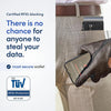A hand wearing a brown leather glove is holding a smartphone with an RFID scanner, set against a background of a person's tro