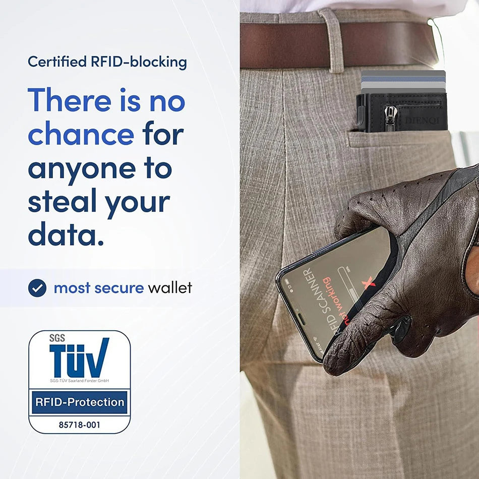 A hand wearing a brown leather glove is holding a smartphone with an RFID scanner, set against a background of a person's tro