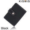Black KisMIS slim leather card holder with a stitched edge and a metal closure.