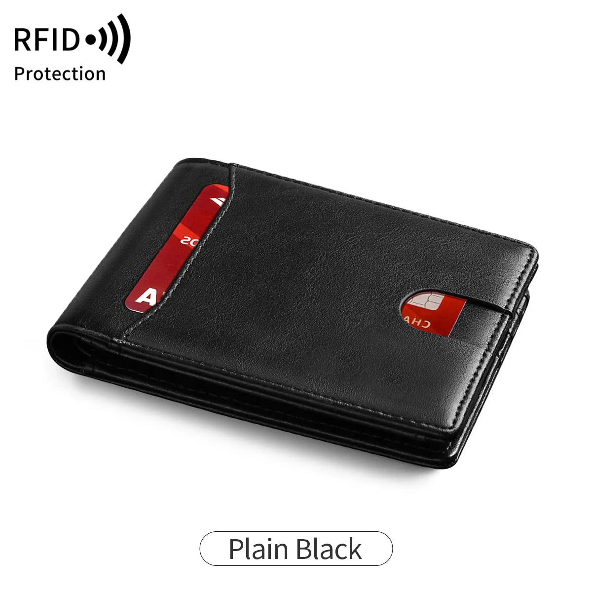 A black bi-fold leather wallet with RFID protection features visible.