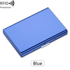 A blue stainless steel card holder designed for RFID protection.