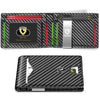 A black leather card holder with a geometric pattern and a silver slide mechanism.