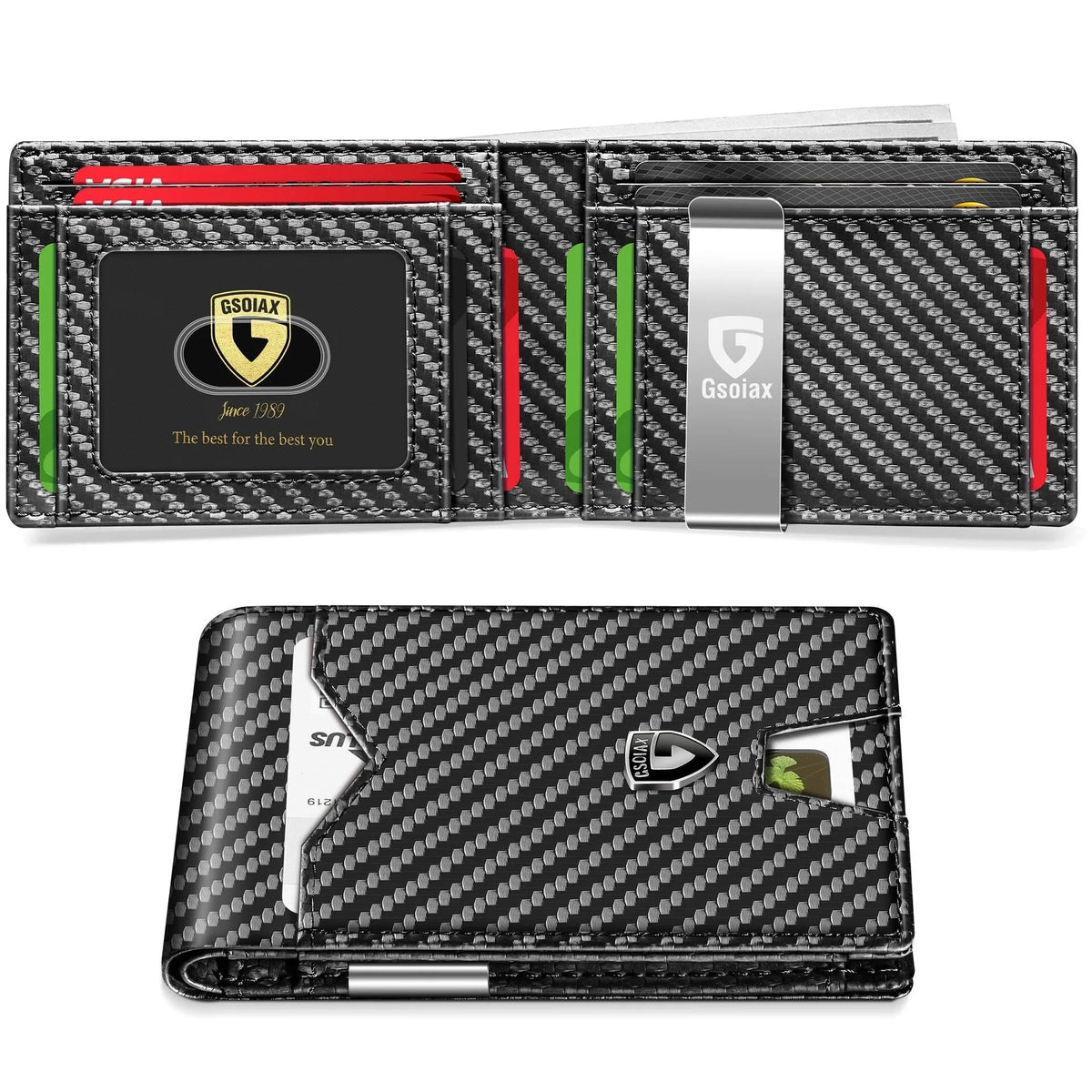A black leather card holder with a geometric pattern and a silver slide mechanism.