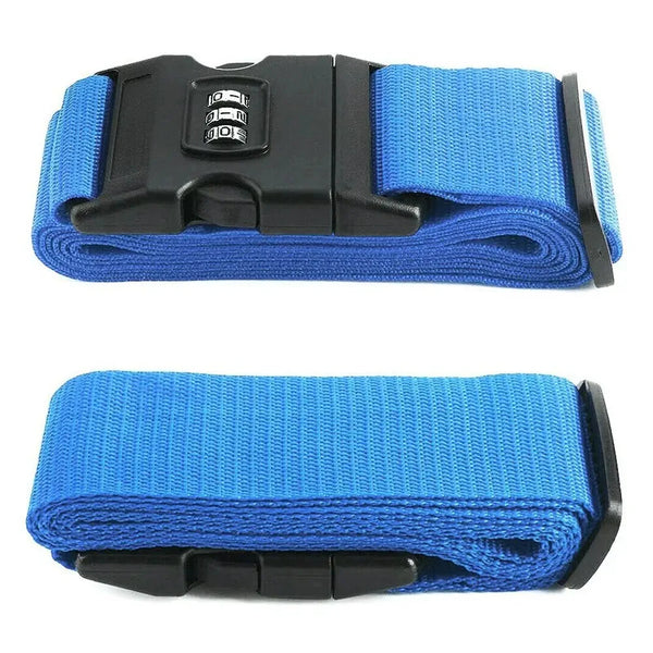 Blue and black adjustable luggage security straps rolled up for travel