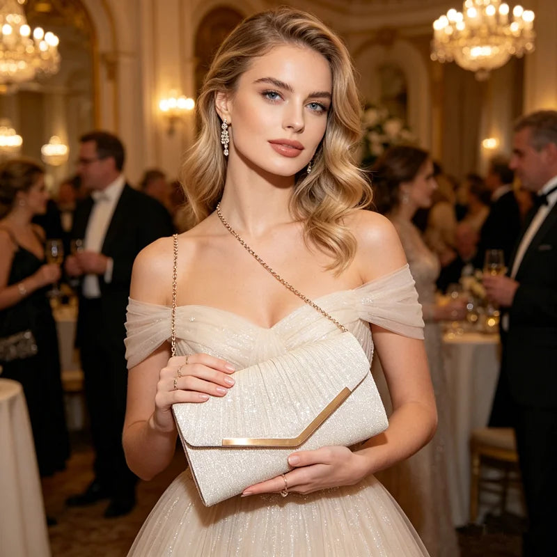 A woman wearing a beige glitter pleated crossbody clutch bag at an elegant event.