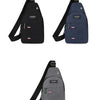 Three versions of a black, blue, and gray waterproof men's crossbody fanny pack displayed against a white background.