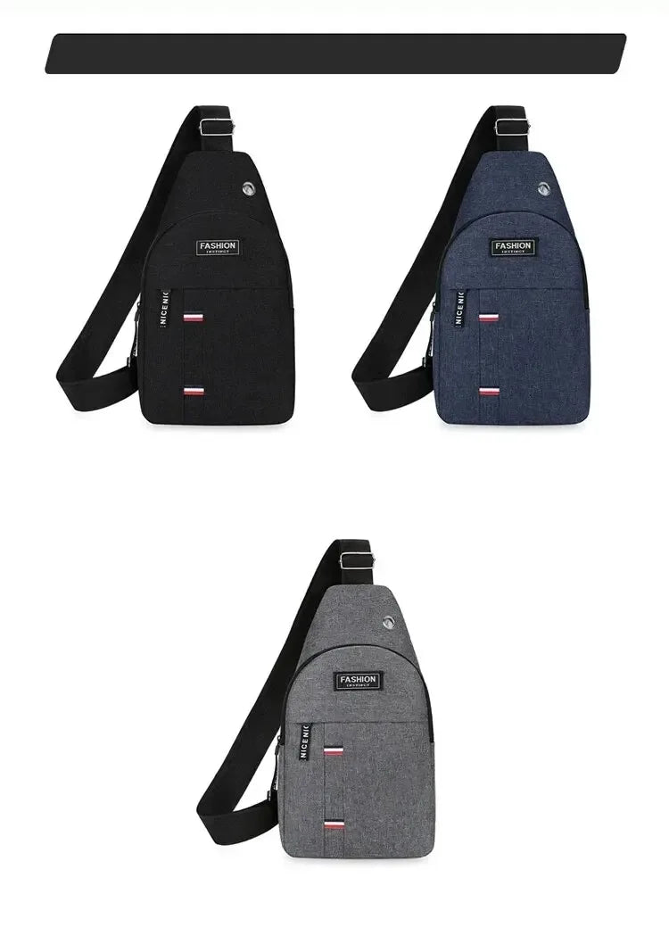 Three versions of a black, blue, and gray waterproof men's crossbody fanny pack displayed against a white background.